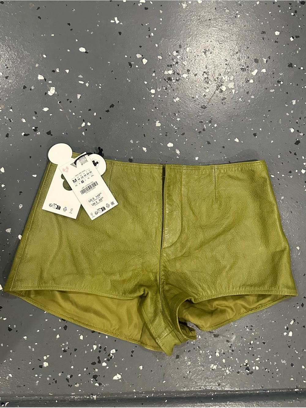 Zara  Disney Mickey Mouse Olive Green 100% Leather Bike Shorts